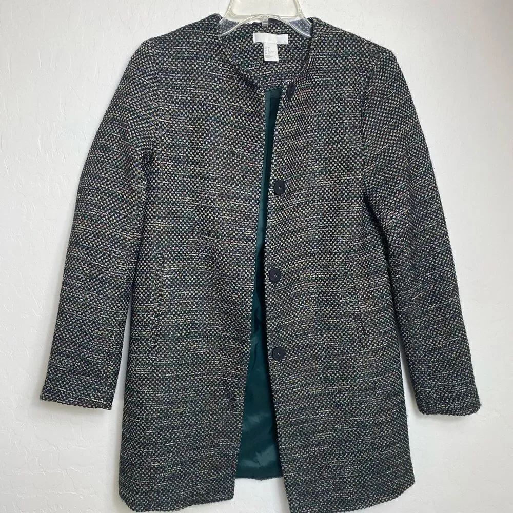 H & M size 2 lightweight collarless tweed midi coat black with multi col…